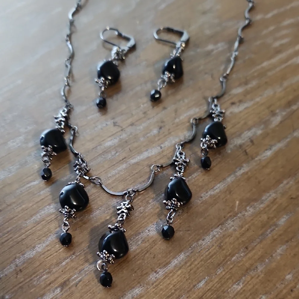 Vintage Inspired Black Bead Necklace and Earring Set